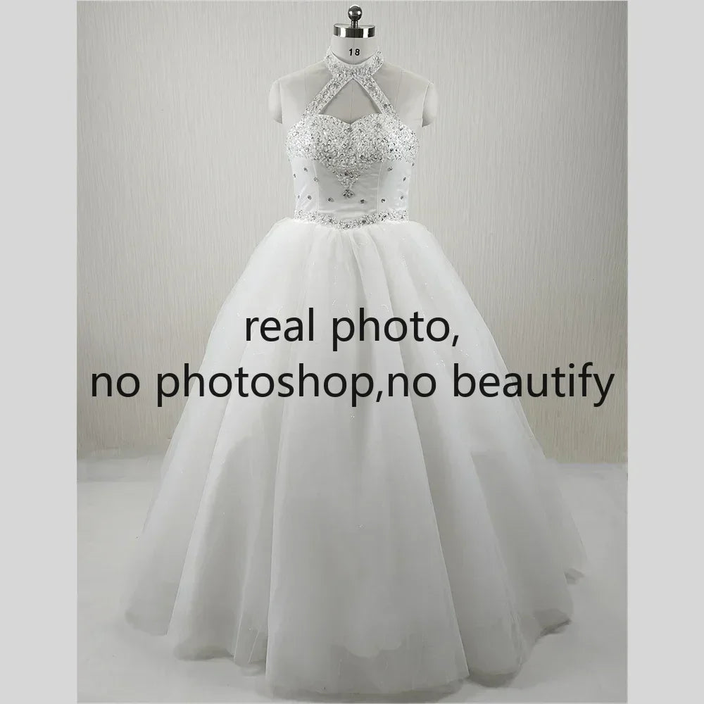 Customized Wedding Dress Quality White Handmade Beads Halter Collar Lace up Princess Floor-length Plus size lady Bride Ball Gown