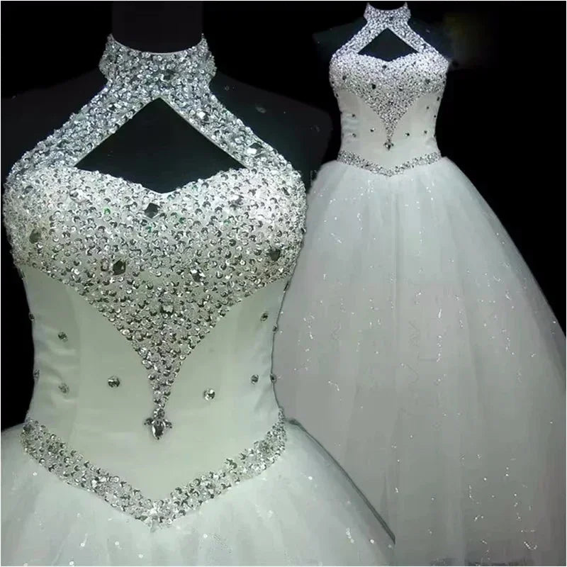 Customized Wedding Dress Quality White Handmade Beads Halter Collar Lace up Princess Floor-length Plus size lady Bride Ball Gown