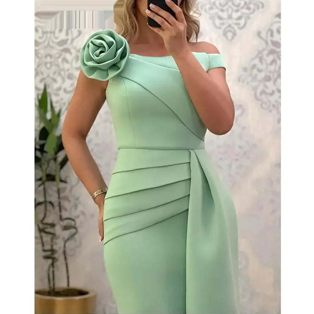Fashion Flower Off The Shoulder Prom Dresses for Women Elegant Boat Neck Knee Length Straight Gowns Pleat Evening Party Dresses