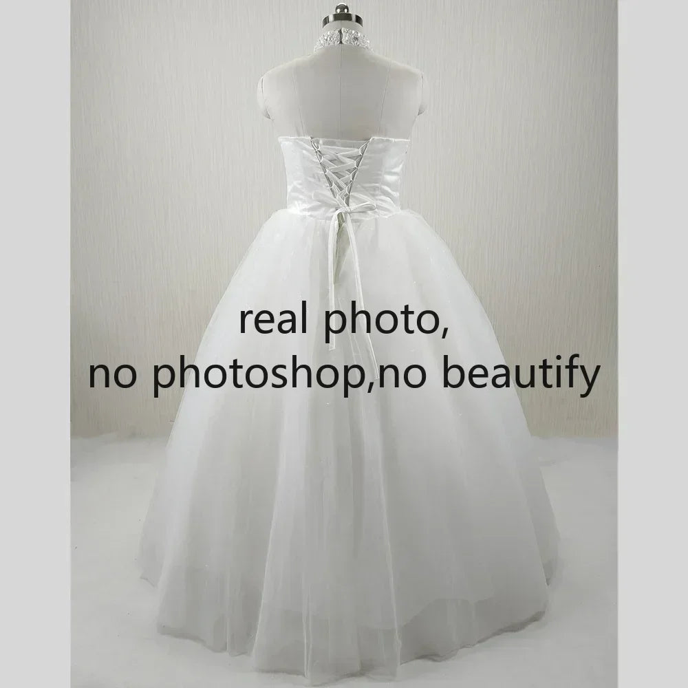 Customized Wedding Dress Quality White Handmade Beads Halter Collar Lace up Princess Floor-length Plus size lady Bride Ball Gown