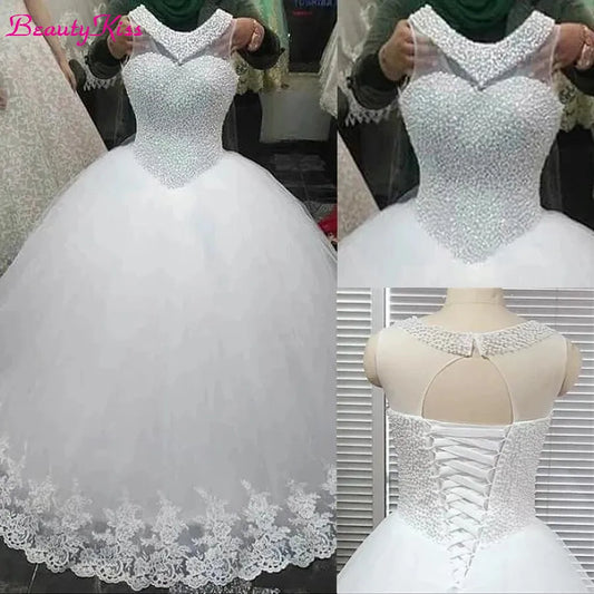 Luxury Beaded Ball Gown Princess Wedding Dresses O-Neck Sleeveless Tulle Bridal Dress Plus Size Wedding Gowns Robe De Mariee