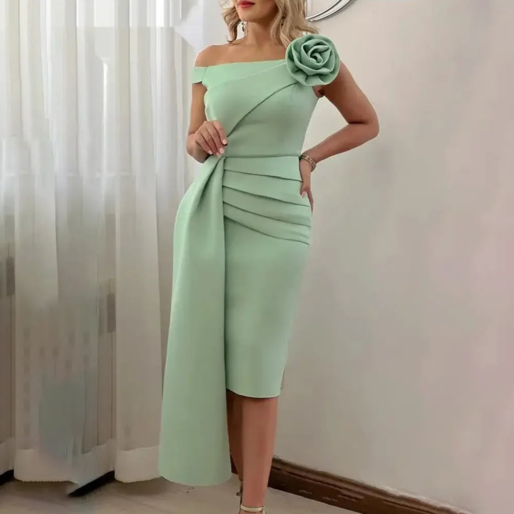 Fashion Flower Off The Shoulder Prom Dresses for Women Elegant Boat Neck Knee Length Straight Gowns Pleat Evening Party Dresses