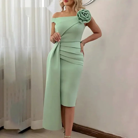 Fashion Flower Off The Shoulder Prom Dresses for Women Elegant Boat Neck Knee Length Straight Gowns Pleat Evening Party Dresses
