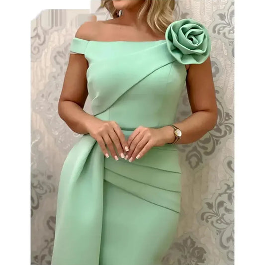 Fashion Flower Off The Shoulder Prom Dresses for Women Elegant Boat Neck Knee Length Straight Gowns Pleat Evening Party Dresses