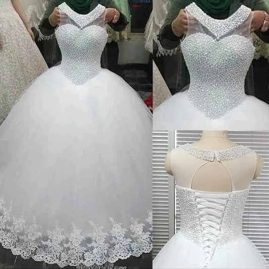 Luxury Beaded Ball Gown Princess Wedding Dresses O-Neck Sleeveless Tulle Bridal Dress Plus Size Wedding Gowns Robe De Mariee