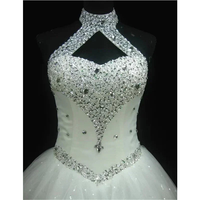Customized Wedding Dress Quality White Handmade Beads Halter Collar Lace up Princess Floor-length Plus size lady Bride Ball Gown
