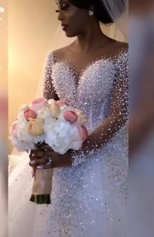 Customized Arabic Long Sleeve Wedding Dress Ball Gowns Sheer Neck Pearls Beaded Bridal Dresses Plus Size Chapel Zipper Back Woma